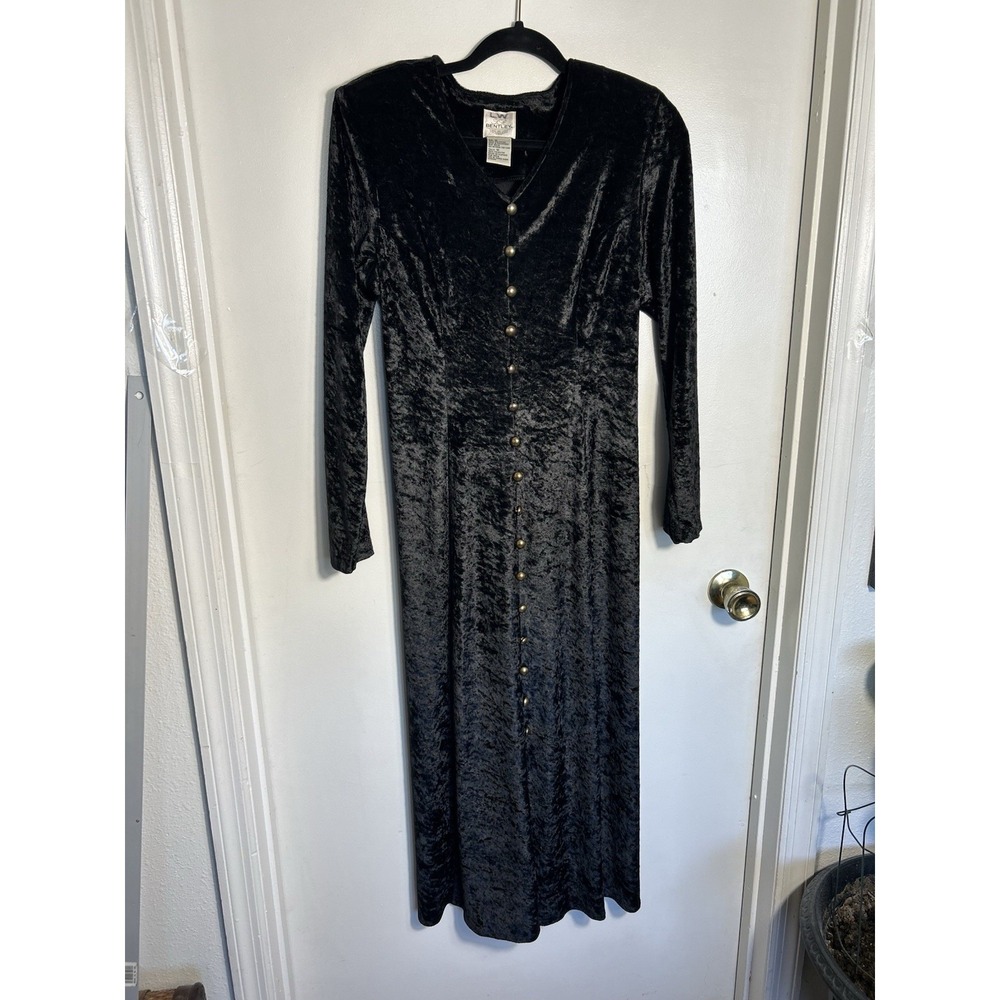 Vtg 90s TR Bentley Black Crushed Velvet Maxi Dress Button Front Size 10 Goth